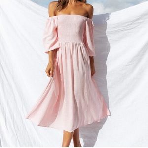 Pink, off the shoulder dress. Petal & Pup.